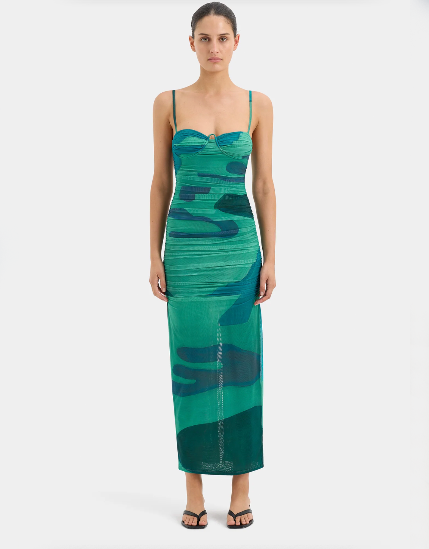 Sir The Label Frankie Gathered Midi Dress Emerald Reflection