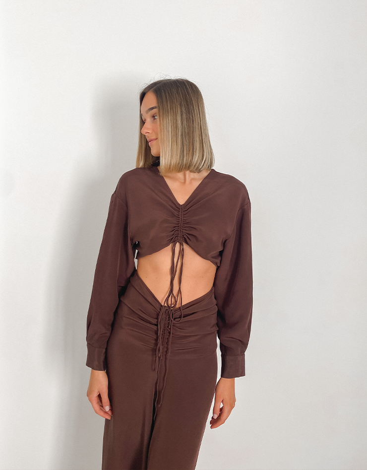 Christopher Esber Ruched Chocolate Disconnect Shirt Dress