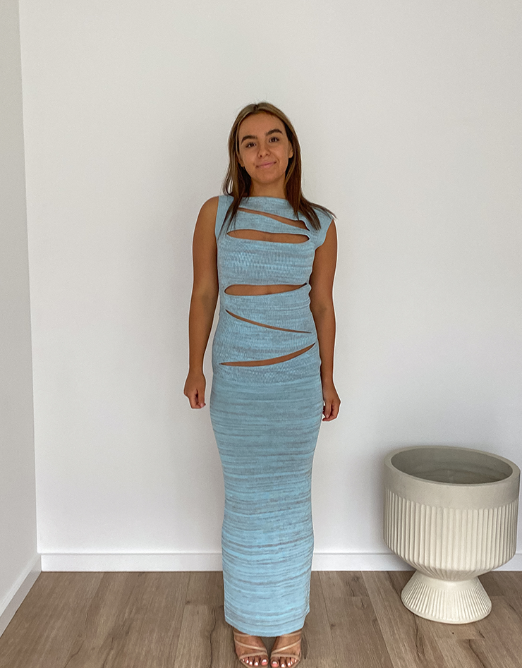 Christopher Esber Slashed Knit Dress In Ice Blue And Grey Marle