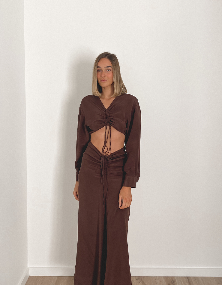 Christopher Esber Ruched Chocolate Disconnect Shirt Dress