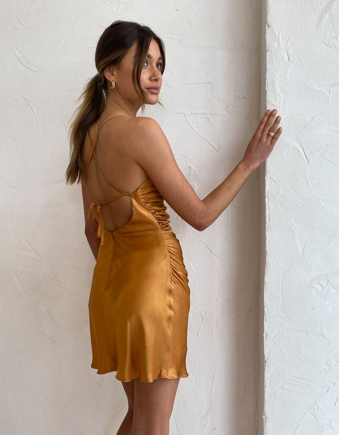 Shona Joy Alma Asymmetrical Bias Cowl Mini Dress In Tumeric