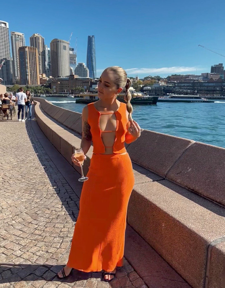 Christopher Esber Lattice Front Knit Tank & Variegated Rib Knit Skirt In Carrot