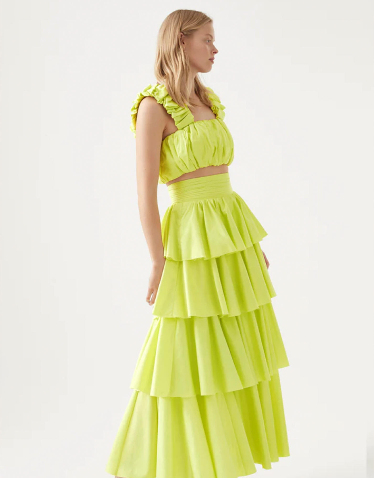 Aje Medina Ruched Cropped Top & Tiered Midi Skirt in Light Lemon