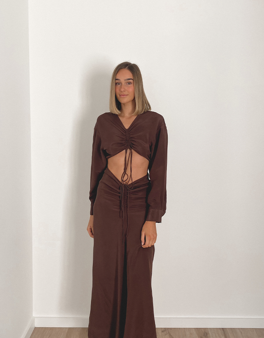 Christopher Esber Ruched Chocolate Disconnect Shirt Dress