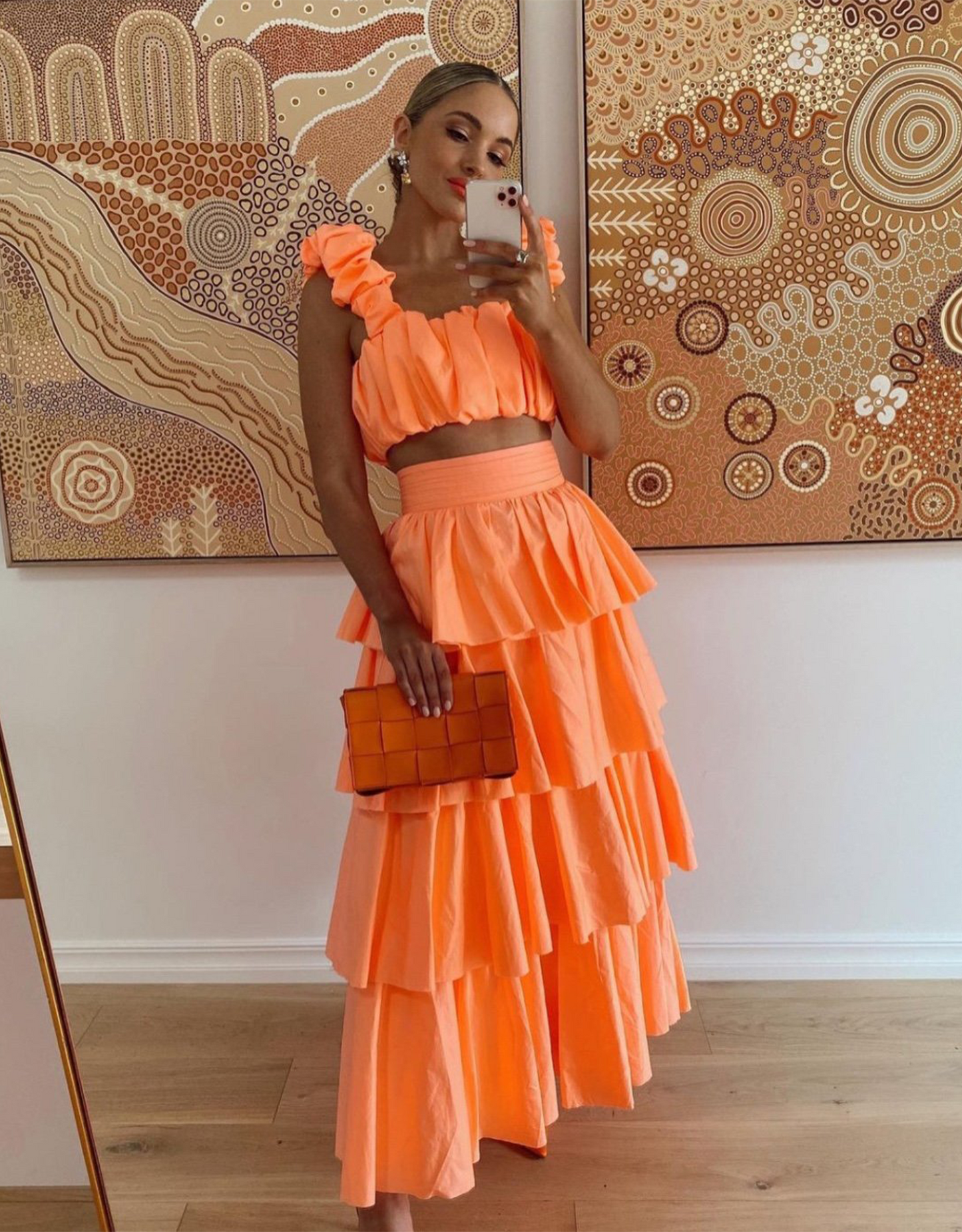 Aje Medina Ruched Cropped Top & Tiered Midi Skirt in Mandarin