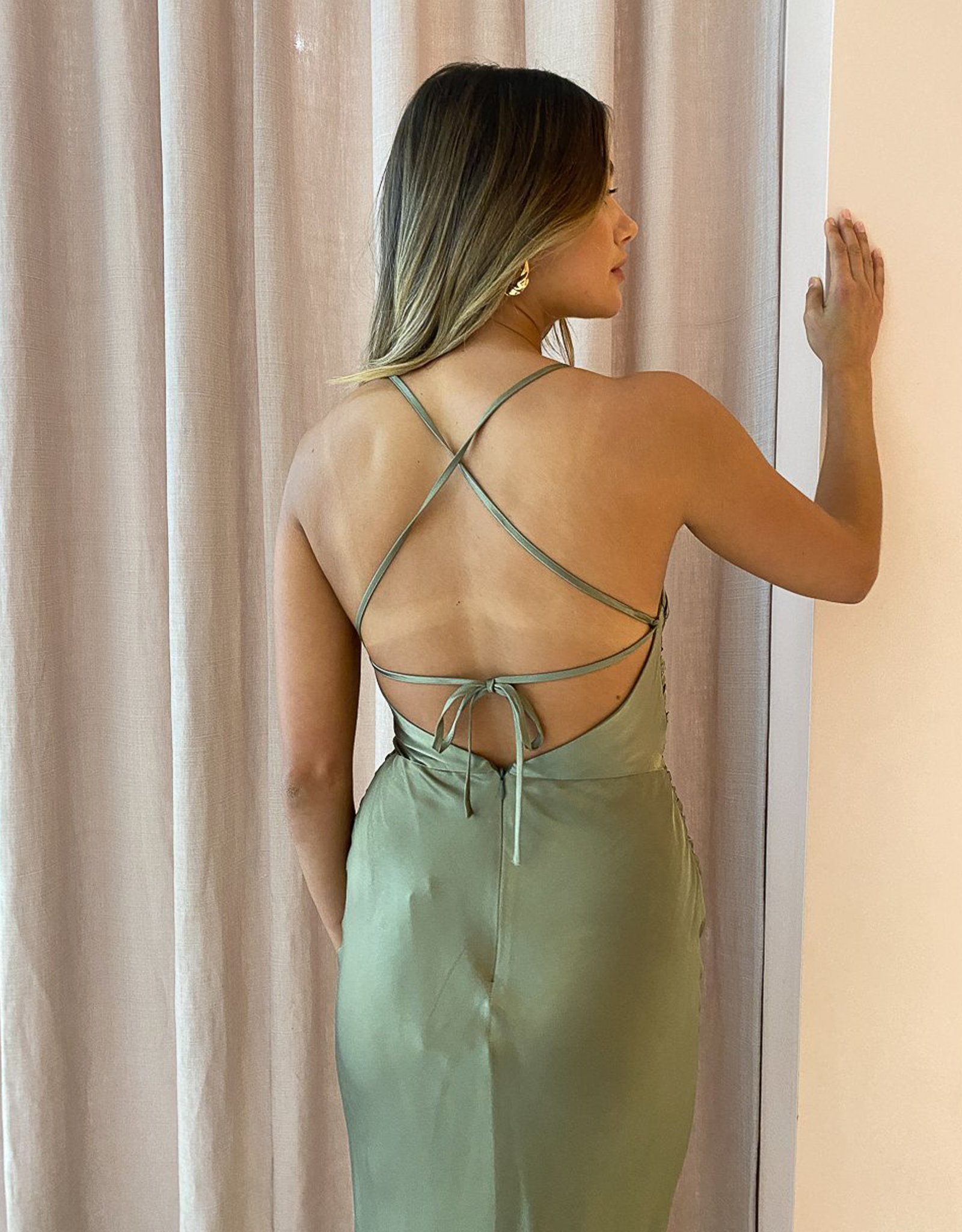 Shona Joy Giselle Asymmetrical Bias Cowl Midi Dress in Moss – The Dressing  Room Hire